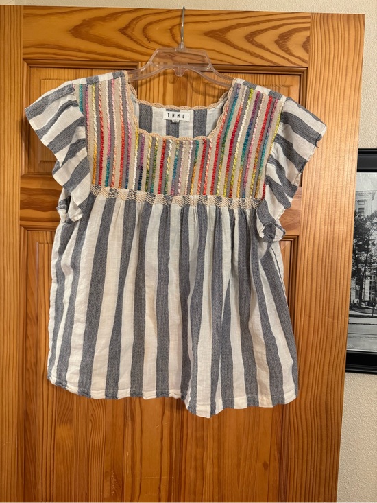 THML Tops - THML Navy & White Striped Embroidered Flutter Sleeve Blouse